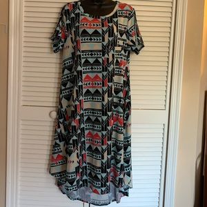 LulaRoe Carly Blue Dress with Geometric Design